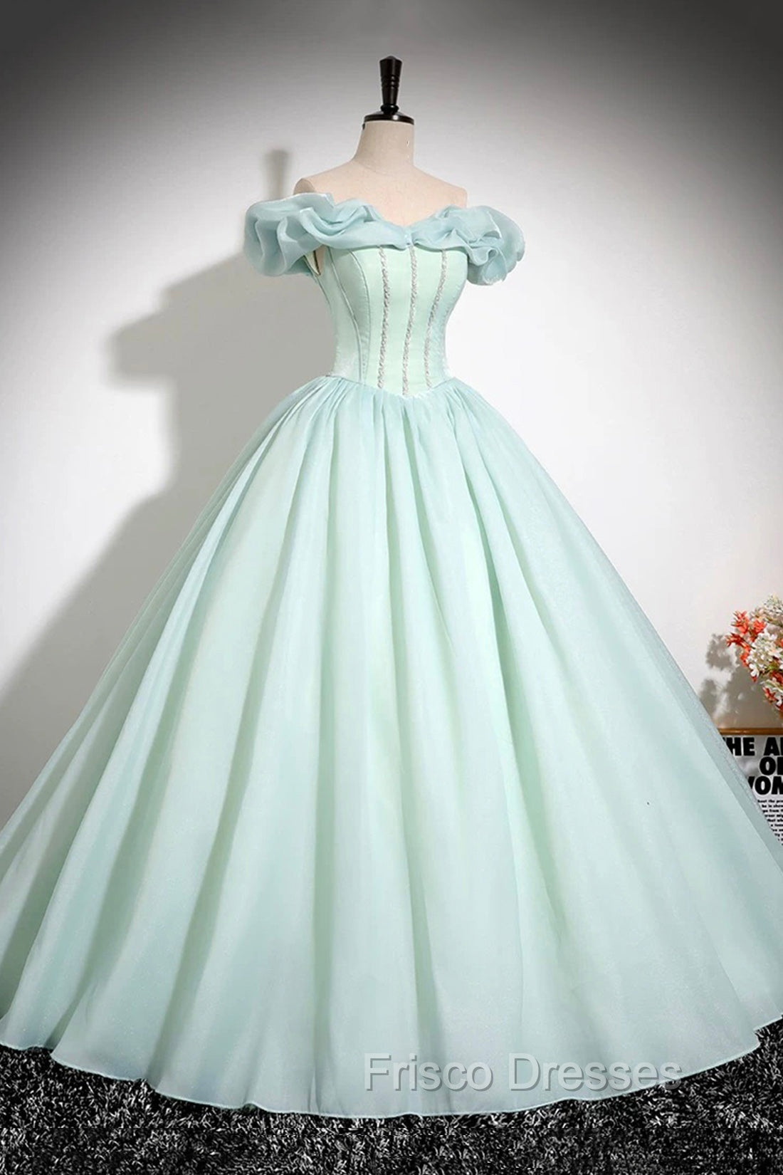 Green Tulle Long A-Line Formal Prom Dress, Lovely Off The Shoulder Evening Party Dress Secondary image