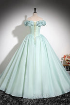 Green Tulle Long A-Line Formal Prom Dress, Lovely Off The Shoulder Evening Party Dress