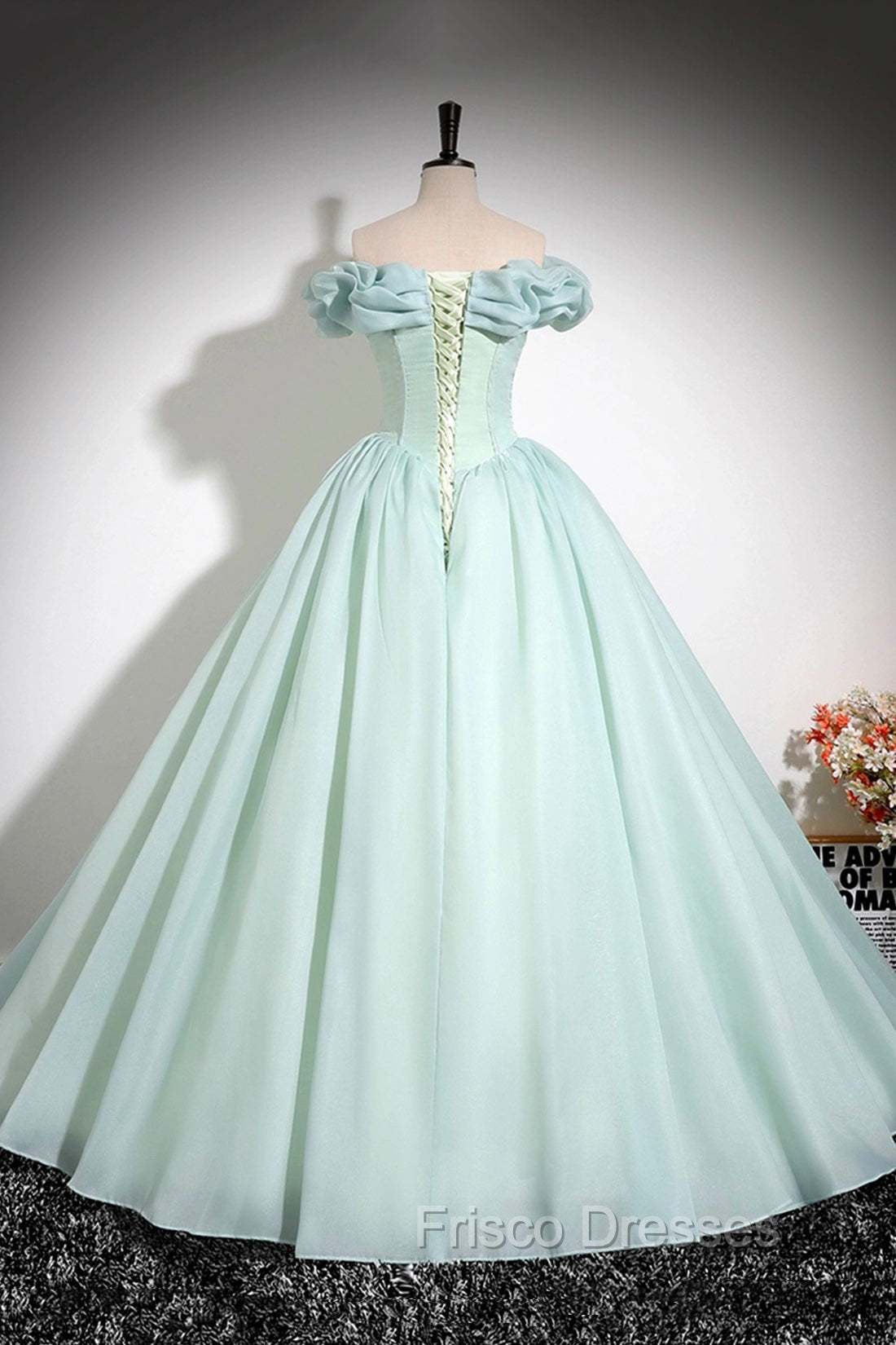 Green Tulle Long A-Line Formal Prom Dress, Lovely Off The Shoulder Evening Party Dress