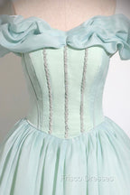 Green Tulle Long A-Line Formal Prom Dress, Lovely Off The Shoulder Evening Party Dress