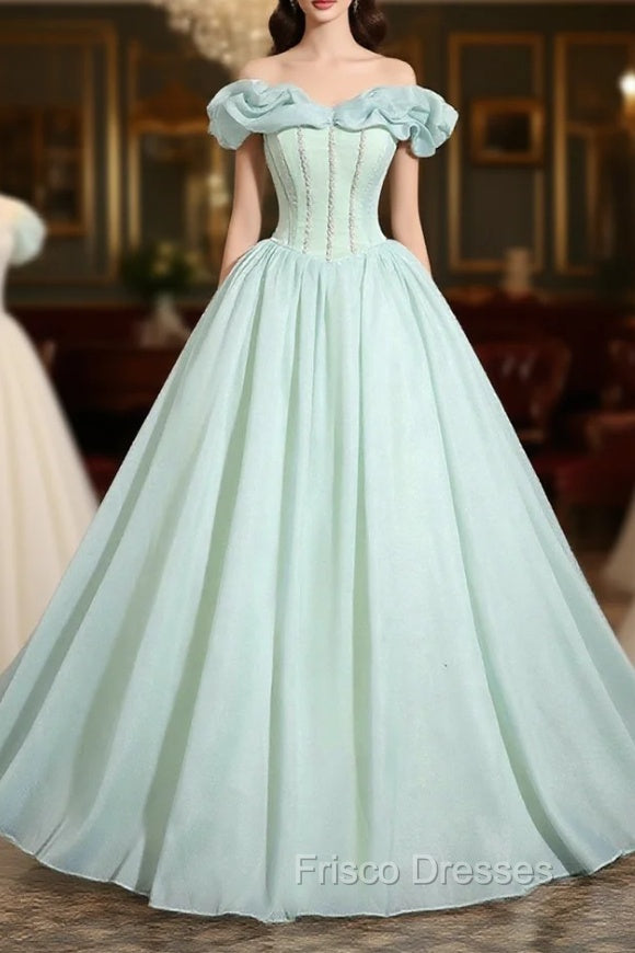 Green Tulle Long A-Line Formal Prom Dress, Lovely Off The Shoulder Evening Party Dress Main image