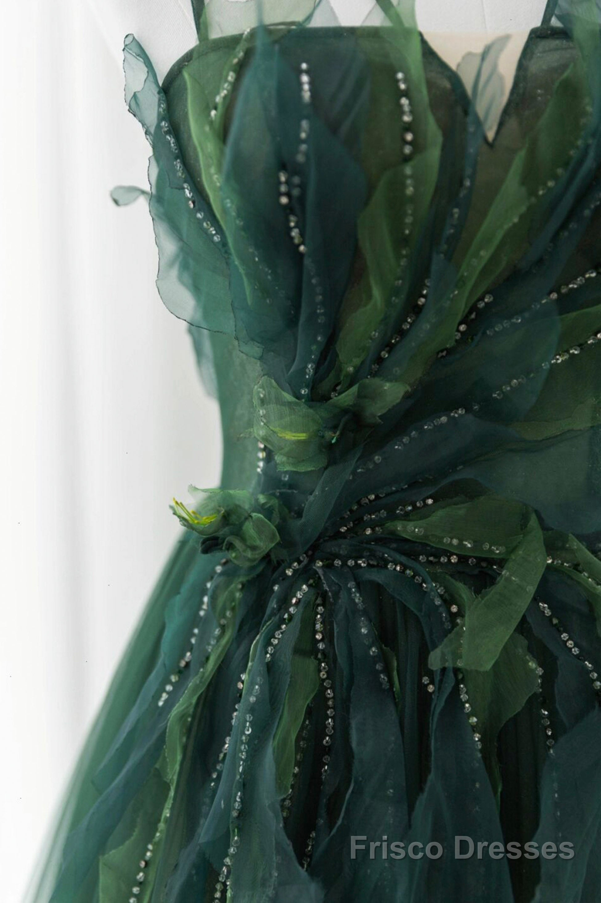 Green Tulle Long A-Line Prom Dress, Spaghetti Straps Evening Dress