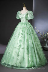 Green Tulle Long A-Line Prom Dress With Butterfly Lace, Beautiful  Short Sleeve Evening Dress