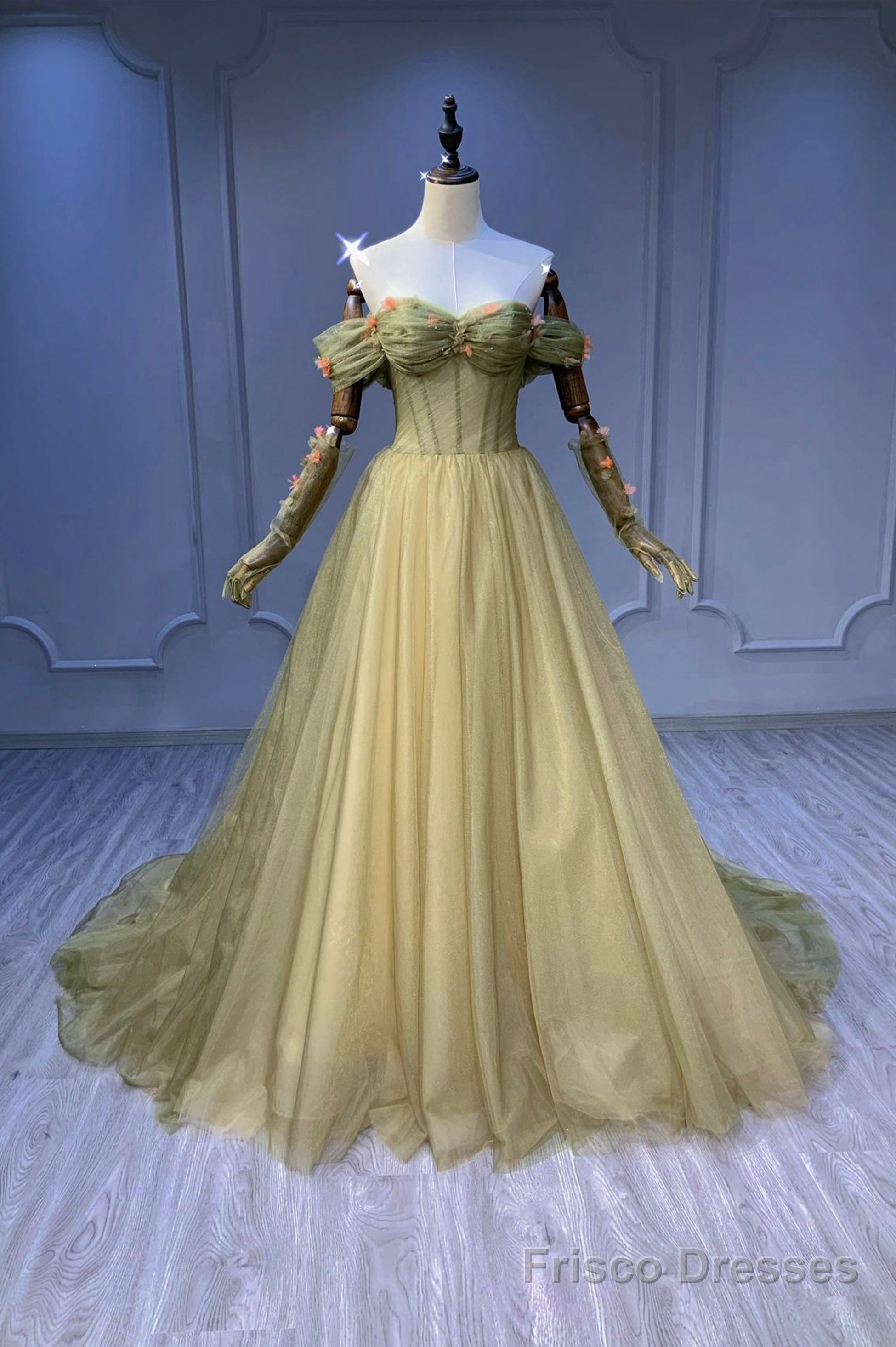 Green Tulle Long Prom Dress, Off the Shoulder Evening Graduation Dress Secondary image