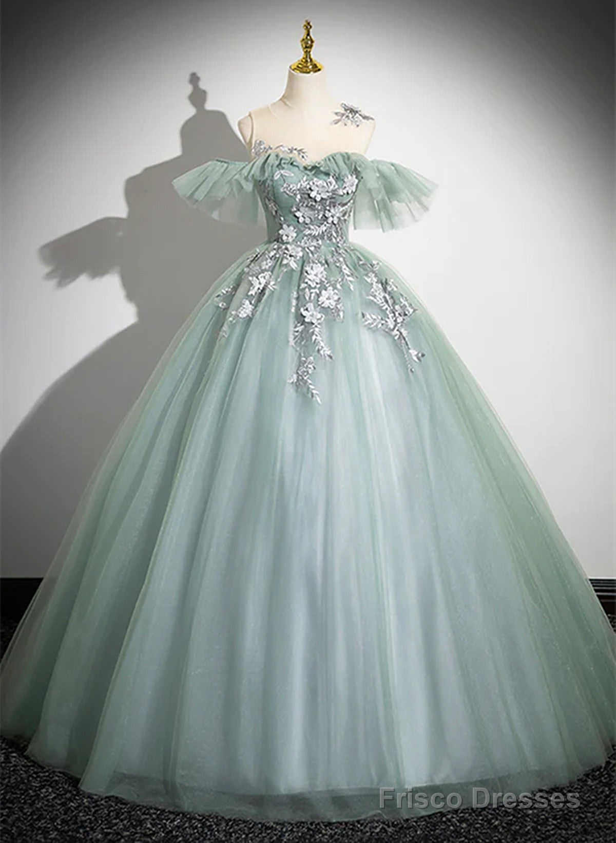 Green Tulle Long Prom Dress With Lace Applique, A-Line Off Shoulder Evening Dress Main image