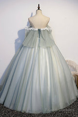 Green Tulle Long Prom Dress with Lace, Off the Shoulder Evening Gown