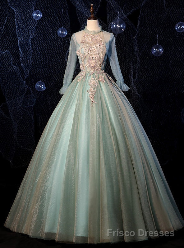 Green Tulle Long Sleeve Appliques Quinceanera Dress