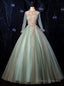 Green Tulle Long Sleeve Appliques Quinceanera Dress