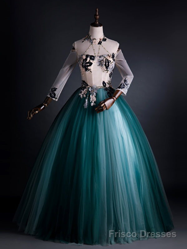 Green Tulle Long Sleeve Backless Appliques Quinceanera Dress Main image