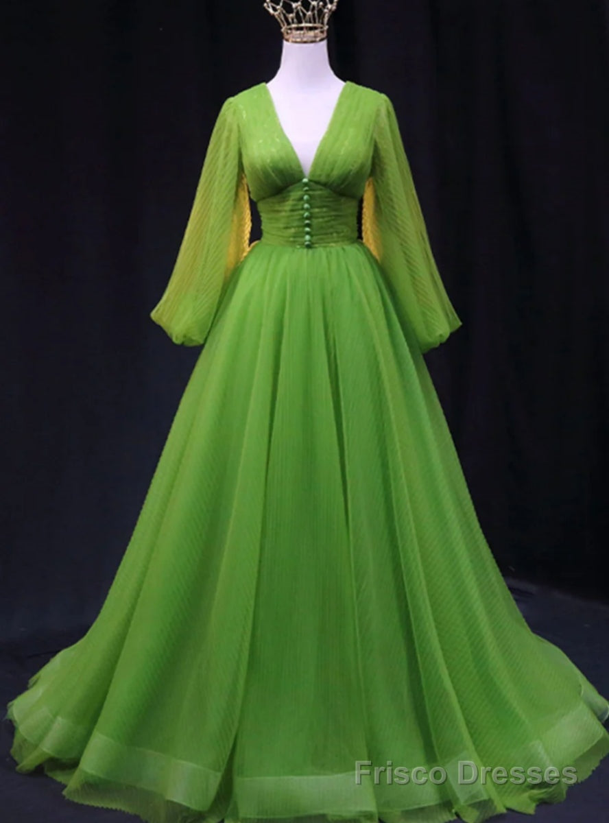 Green Tulle Long Sleeve V-neck Pleats Prom Dress Main image