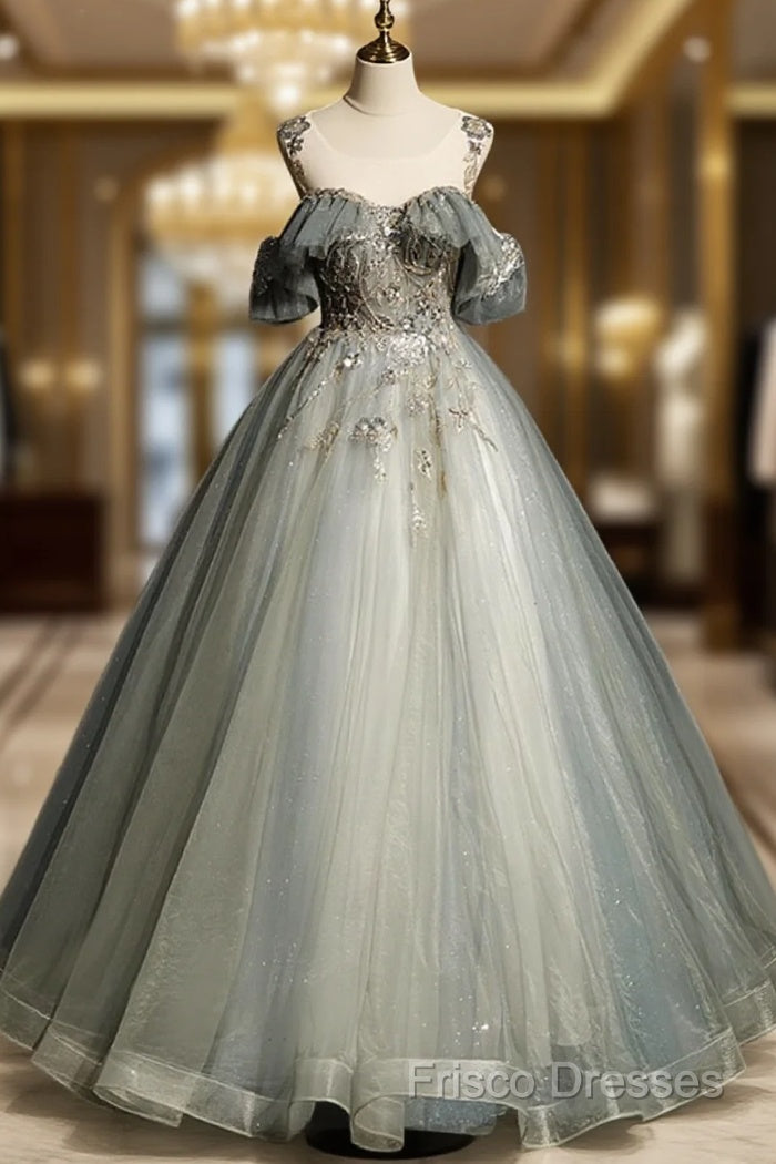 Green Tulle Off Shoulder Ball Gown Beaded Sweet 16 Dress, Green Tulle Formal Dress Main image