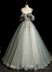 Green Tulle Off Shoulder Ball Gown Beaded Sweet 16 Dress, Green Tulle Formal Dress