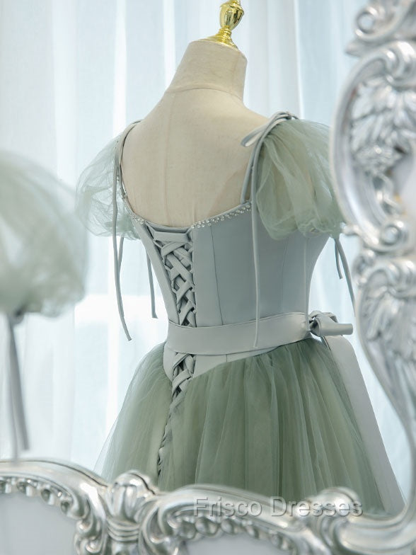 Green Tulle Off Shoulder Long Formal Prom Dress, Green Tulle Formal Dress