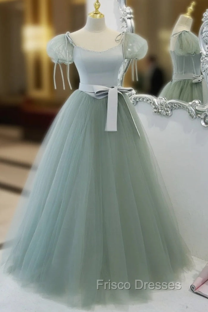 Green Tulle Off Shoulder Long Formal Prom Dress, Green Tulle Formal Dress