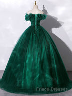 Green tulle off shoulder long Formal Prom Dresses green tulle formal gown
