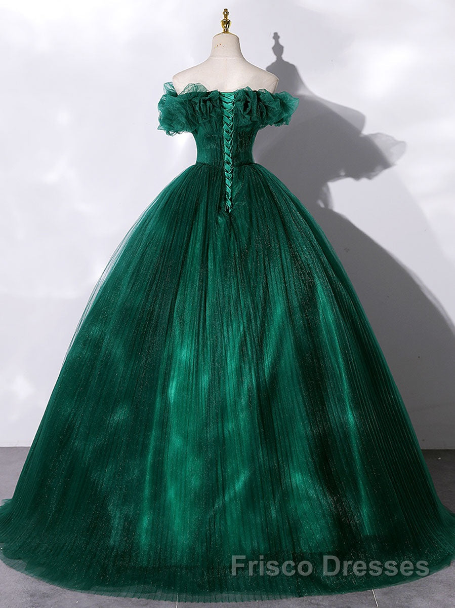 Green tulle off shoulder long Formal Prom Dresses green tulle formal gown