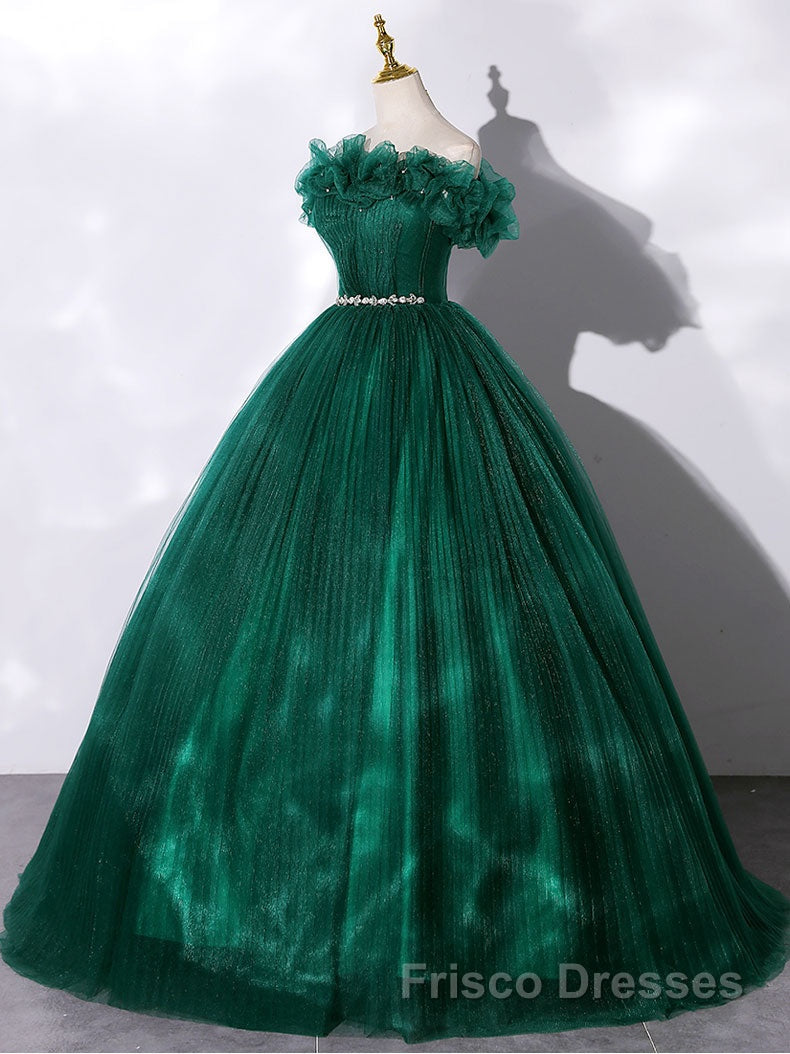Green tulle off shoulder long Formal Prom Dresses green tulle formal gown