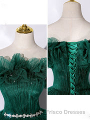 Green tulle off shoulder long Formal Prom Dresses green tulle formal gown