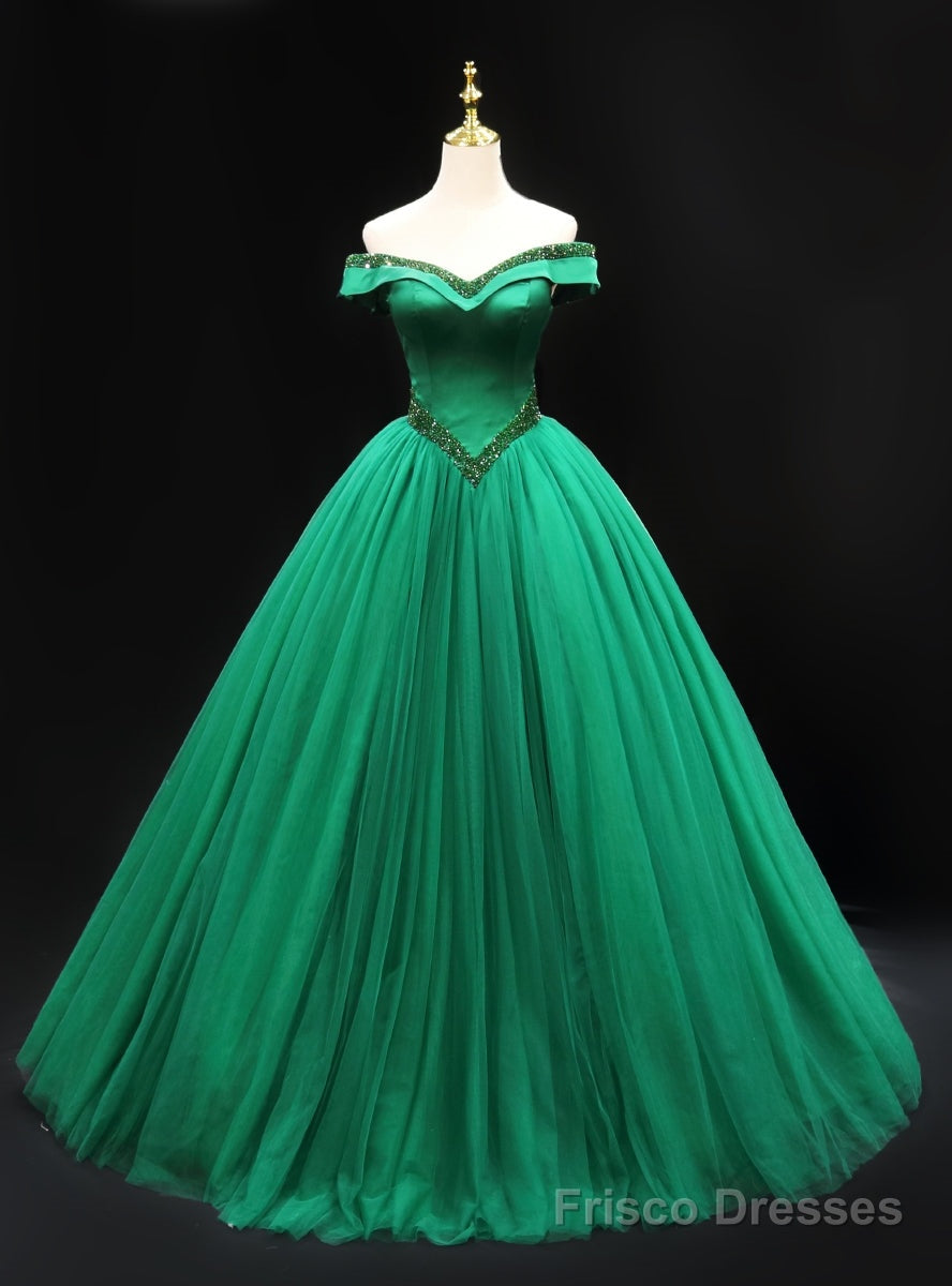 Green Tulle Off the Shoulder Beading Prom Dress Main image
