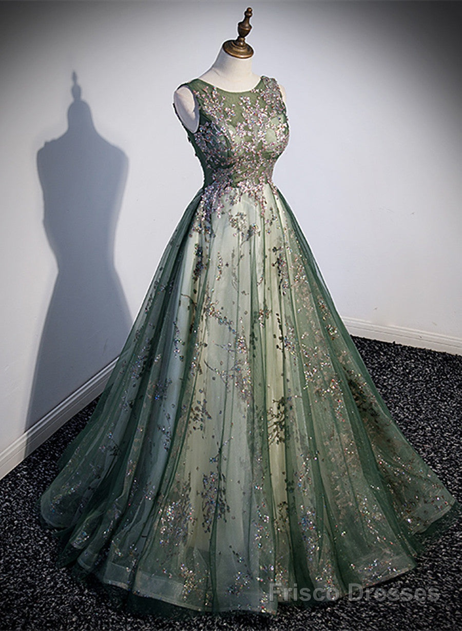 Green Tulle Round Neckline Long Party Dress, Green Lace Prom Dress Main image