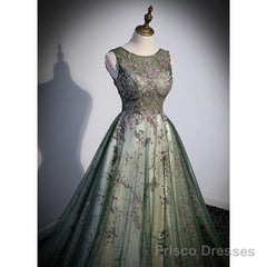 Green Tulle Round Neckline Long Party Dress, Green Lace Prom Dress
