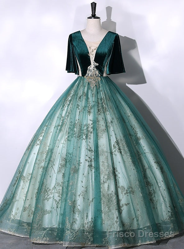 Green Tulle Sequins Beading Short Sleeve Quinceanera Dress Main image