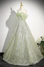 Green Tulle Sequins Long Formal Prom Dress, Beautiful Off The Shoulder Party Dress