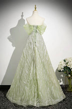 Green Tulle Sequins Long Formal Prom Dress, Beautiful Off The Shoulder Party Dress
