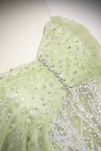 Green Tulle Sequins Long Formal Prom Dress, Beautiful Off The Shoulder Party Dress