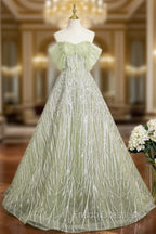 Green Tulle Sequins Long Formal Prom Dress, Beautiful Off The Shoulder Party Dress