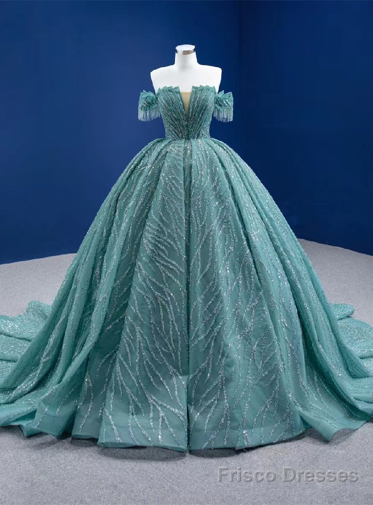 Green Tulle Sequins Off the Shoulder Prom Dress Main image