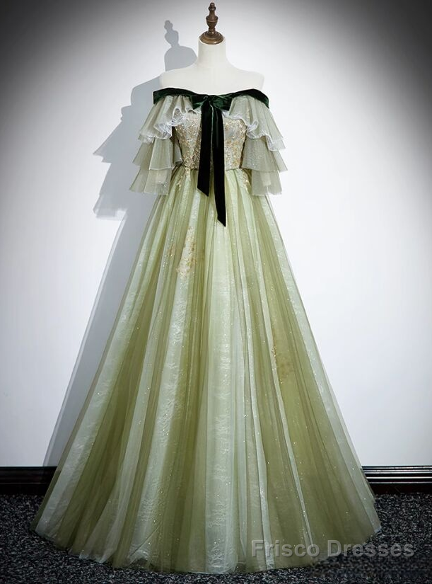 Green Tulle Sequins Velvet Bow Off the Shoulder Prom Dress