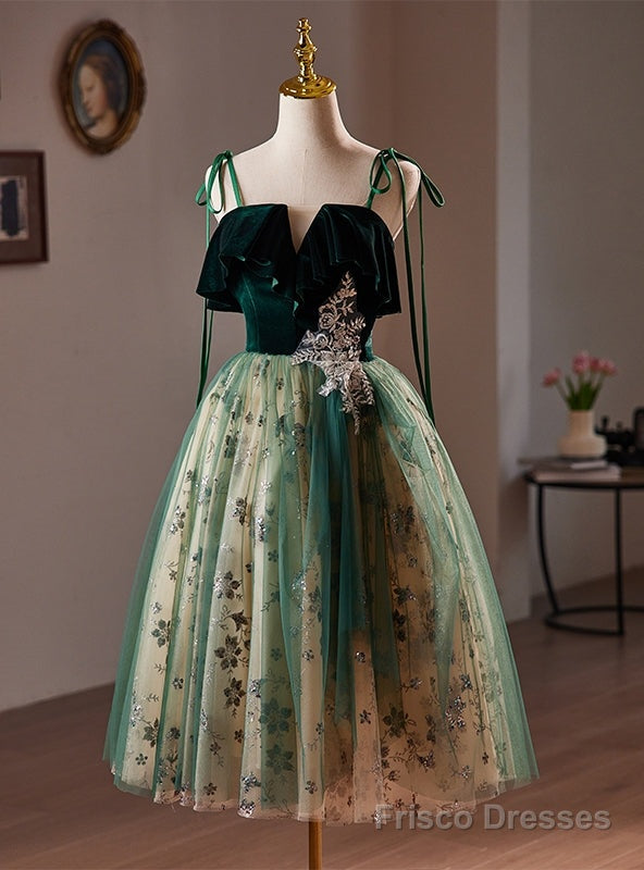 Green Tulle Sequins Velvet Straps Homecoming Dress Main image