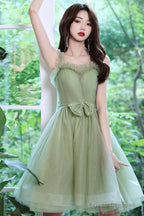Green Tulle Short Prom Dress, Green A-Line Party Dress With Bow