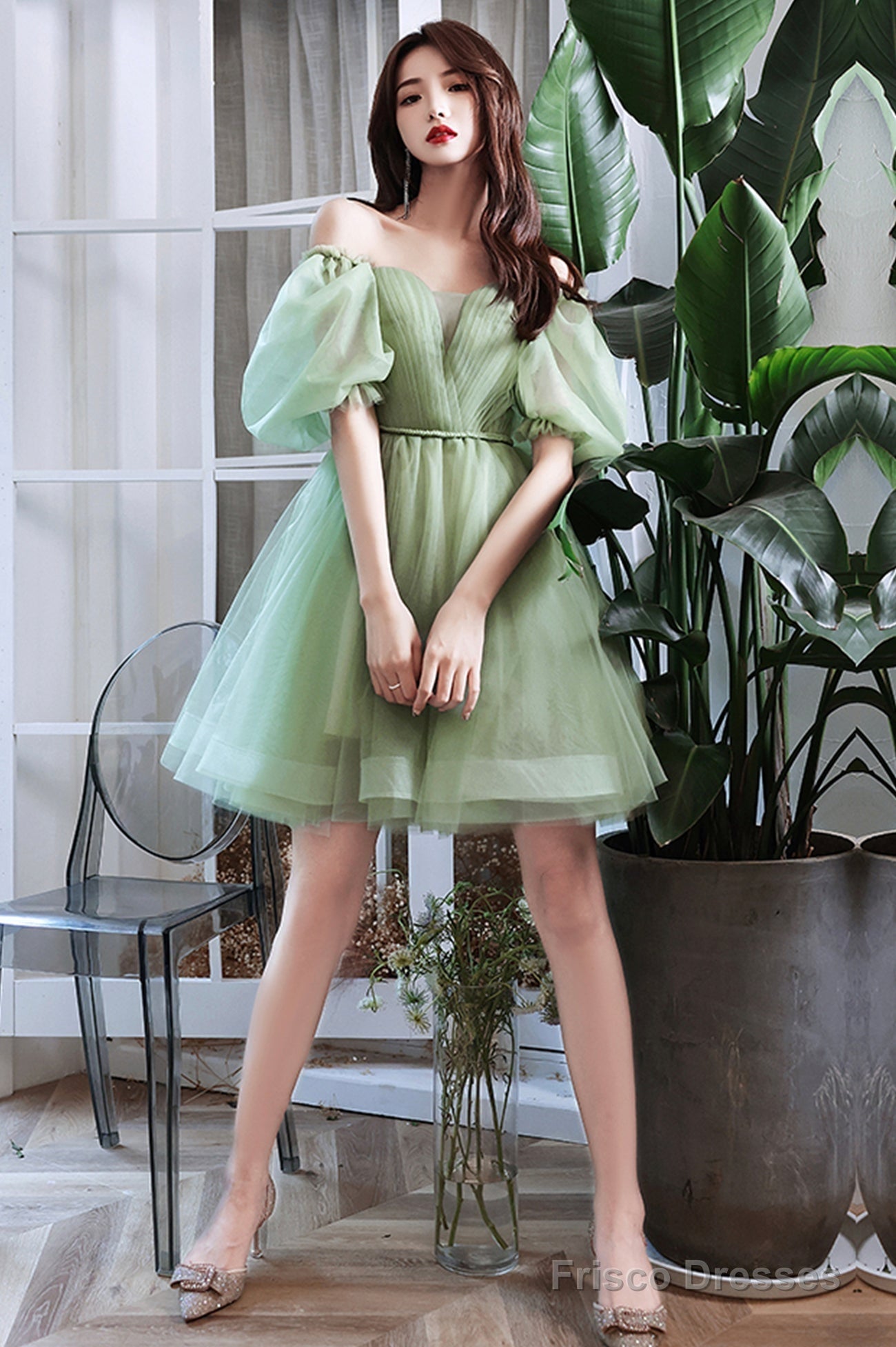 Green Tulle Short Prom Dress, Green A-Line Short Sleeve Party Dress