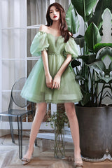Green Tulle Short Prom Dress, Green A-Line Short Sleeve Party Dress
