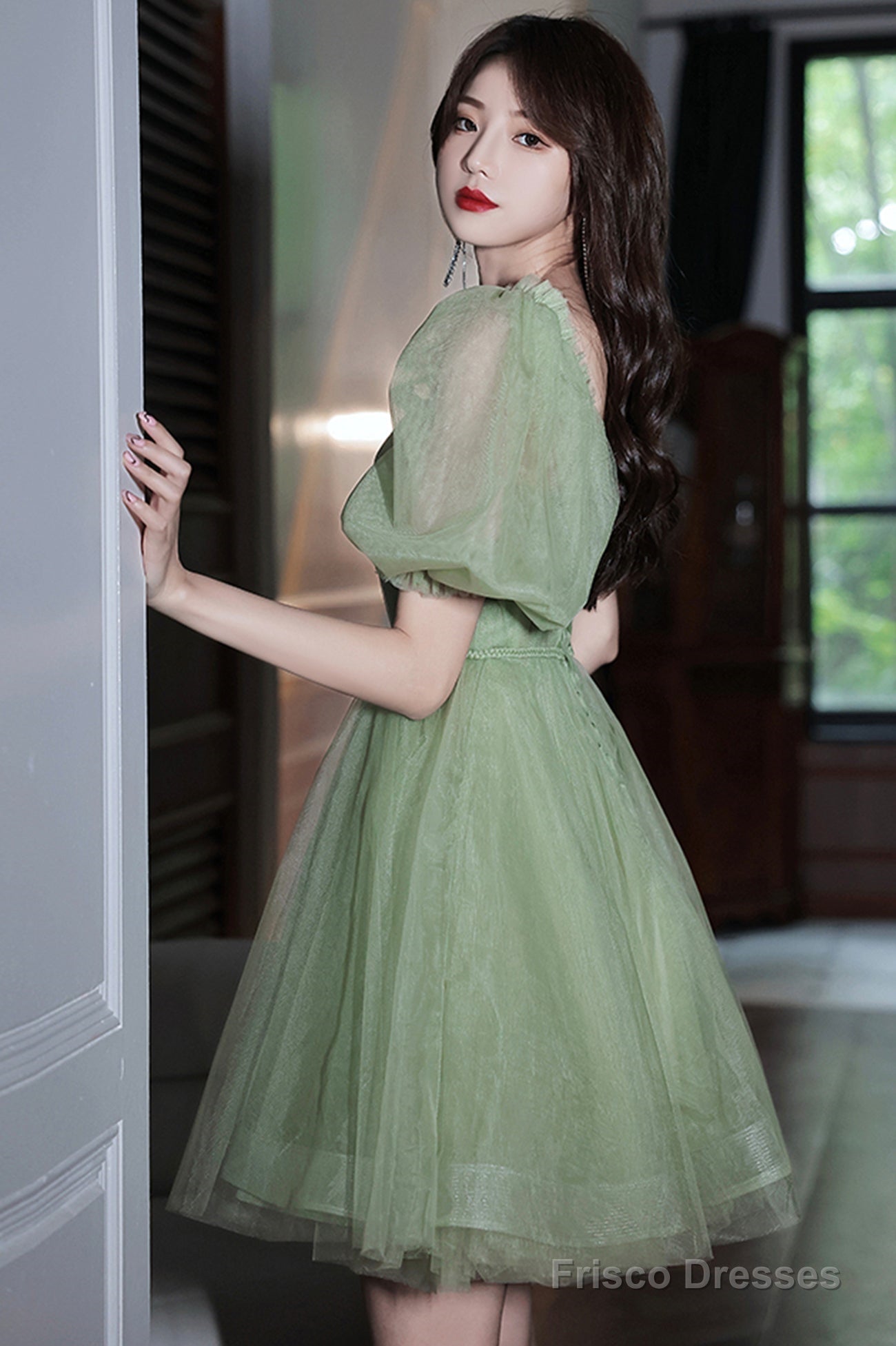 Green Tulle Short Prom Dress, Green A-Line Short Sleeve Party Dress