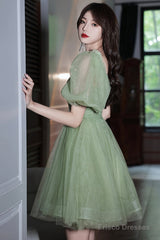 Green Tulle Short Prom Dress, Green A-Line Short Sleeve Party Dress