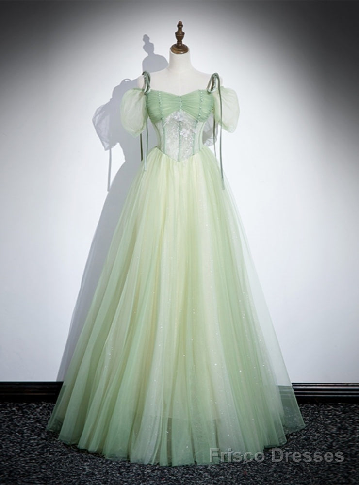 Green Tulle Short Sleeve Pleats Prom Dress