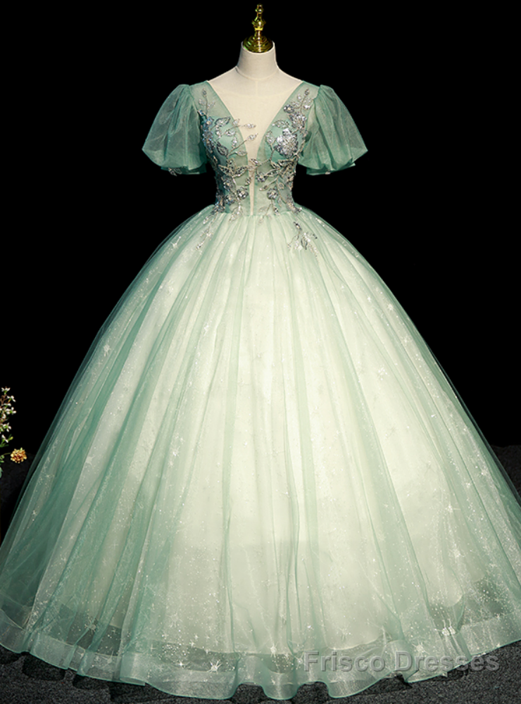 Green Tulle Short Sleeve Sequins Beading Quinceanera Dress Main image