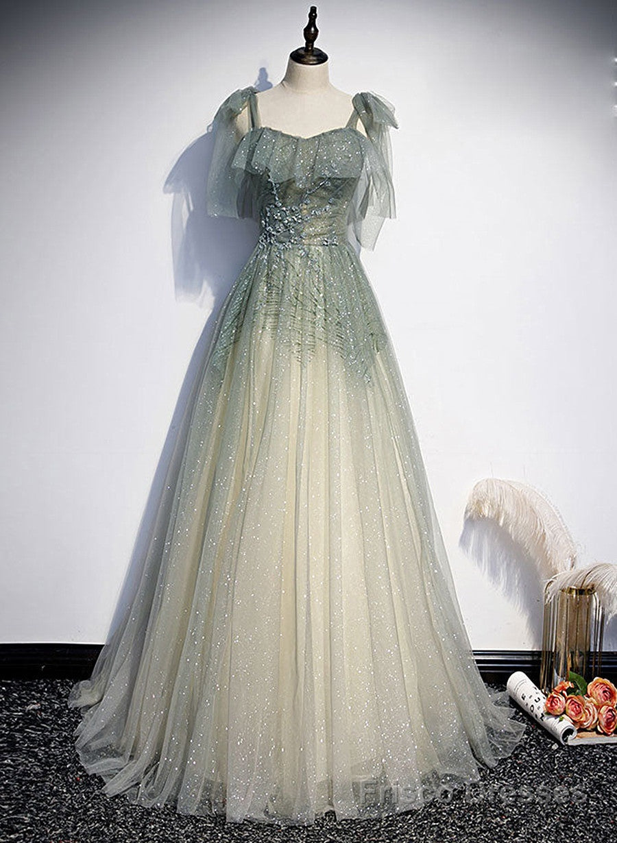 Green Tulle Straps A-line Beaded Long Prom Dress, Green Evening Party Dress Main image