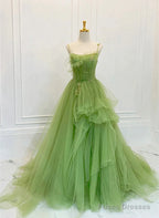 Green Tulle Straps Long Party Dress, Green Tulle Lace Prom Dress