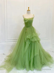 Green Tulle Straps Long Party Dress, Green Tulle Lace Prom Dress