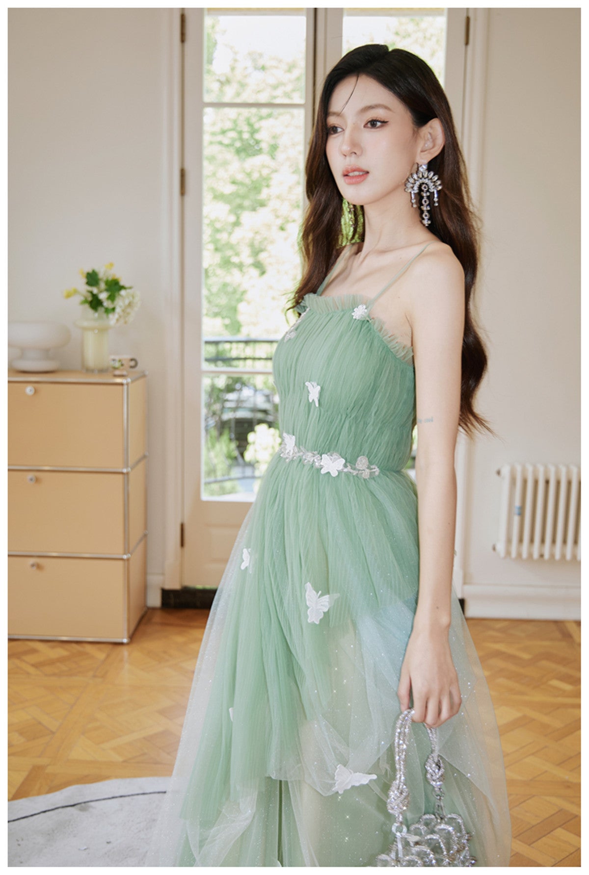 Green Tulle Straps Long Prom Dress, Light Green A-Line Floor Length Party Dress Secondary image