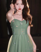 Green Tulle Straps Sweetheart Long Formal Dress, Light Green A-Line Prom Dress