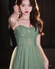 Green Tulle Straps Sweetheart Long Formal Dress, Light Green A-Line Prom Dress