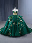 Green Tulle Sweetheart Gold Appliques Pearls Prom Dress