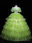 Green Tulle Tiers Puff Sleeve Appliques Quinceanera Dress