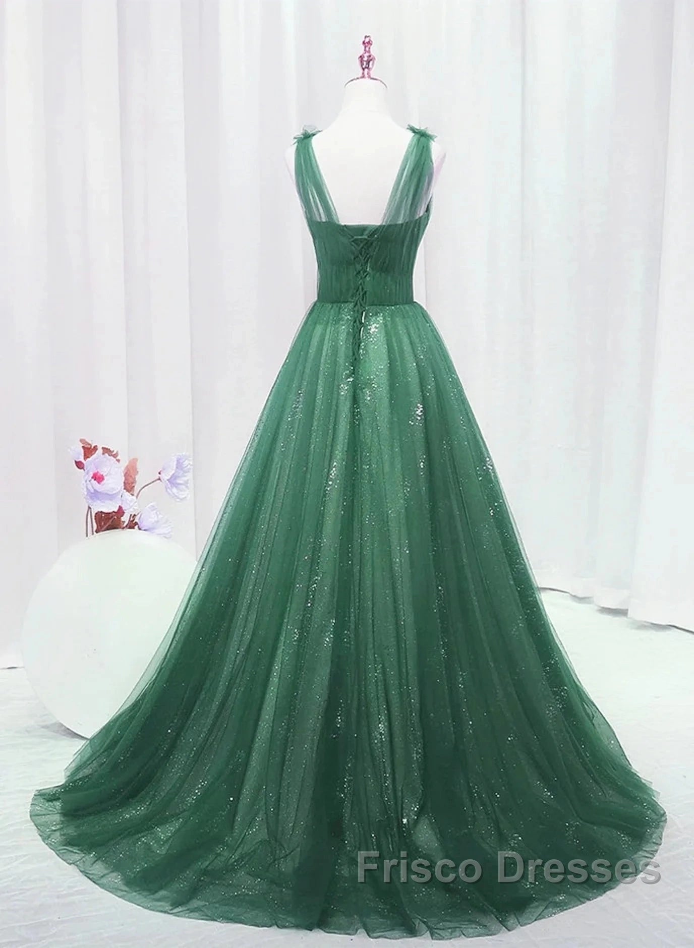 Green Tulle V Neck Beading Appliques Formal Prom Dress Secondary image