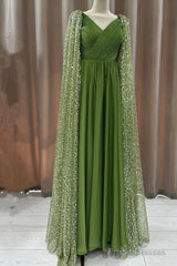 Green Tulle V-Neck Dress With Beaded Cape